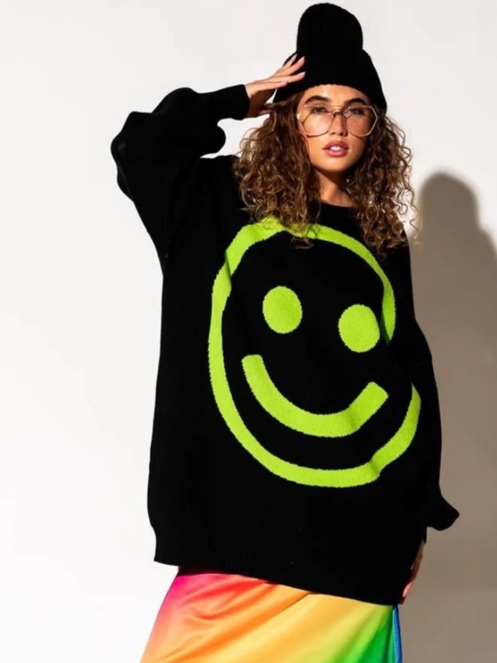 Dressed in LALA Sweater with Neon Green Slogan on Back and Smiley Face Front - Picture 2 of 9